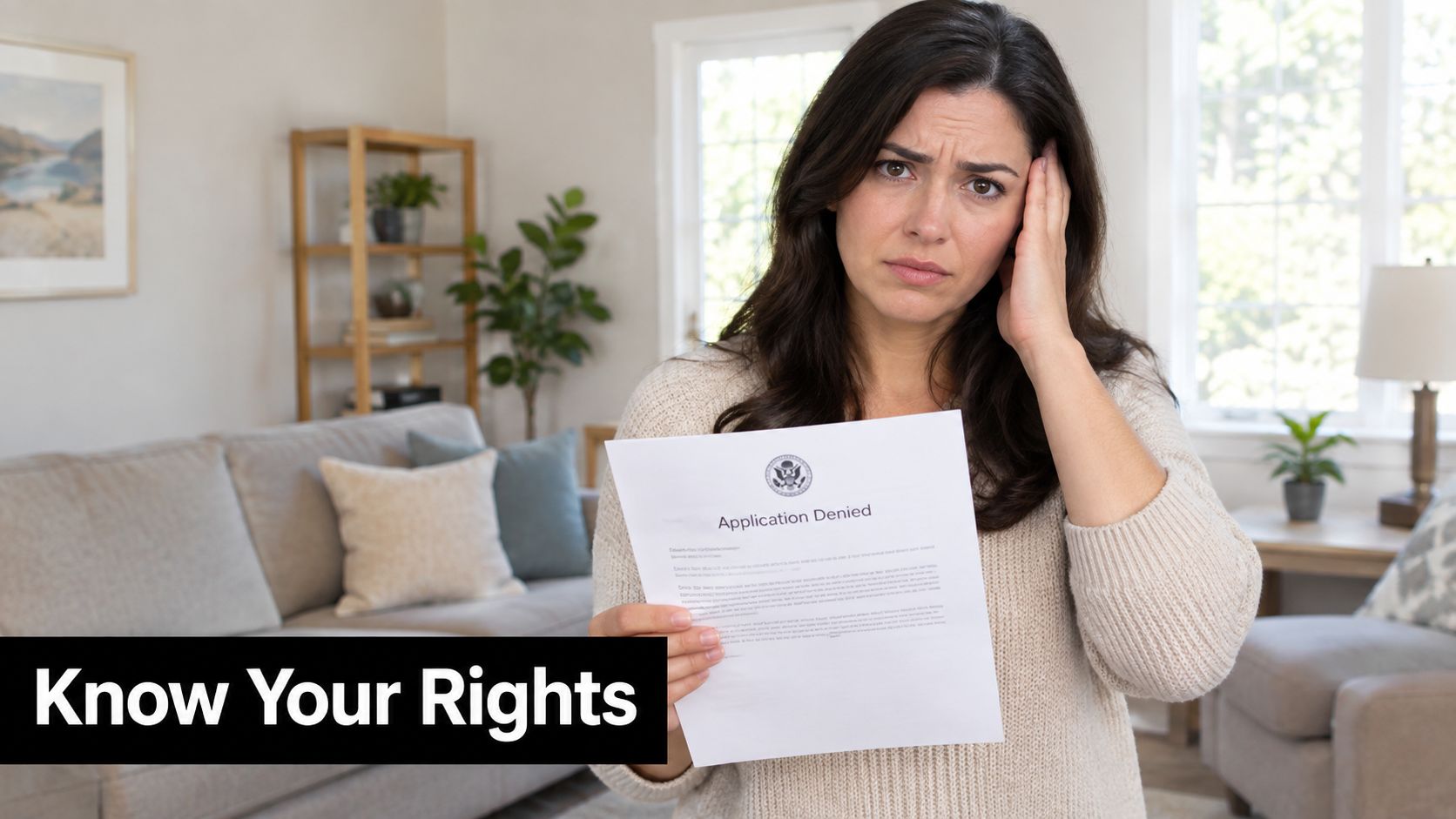 A distressed woman holding a document with the text Application Denied in a brightly lit living room.