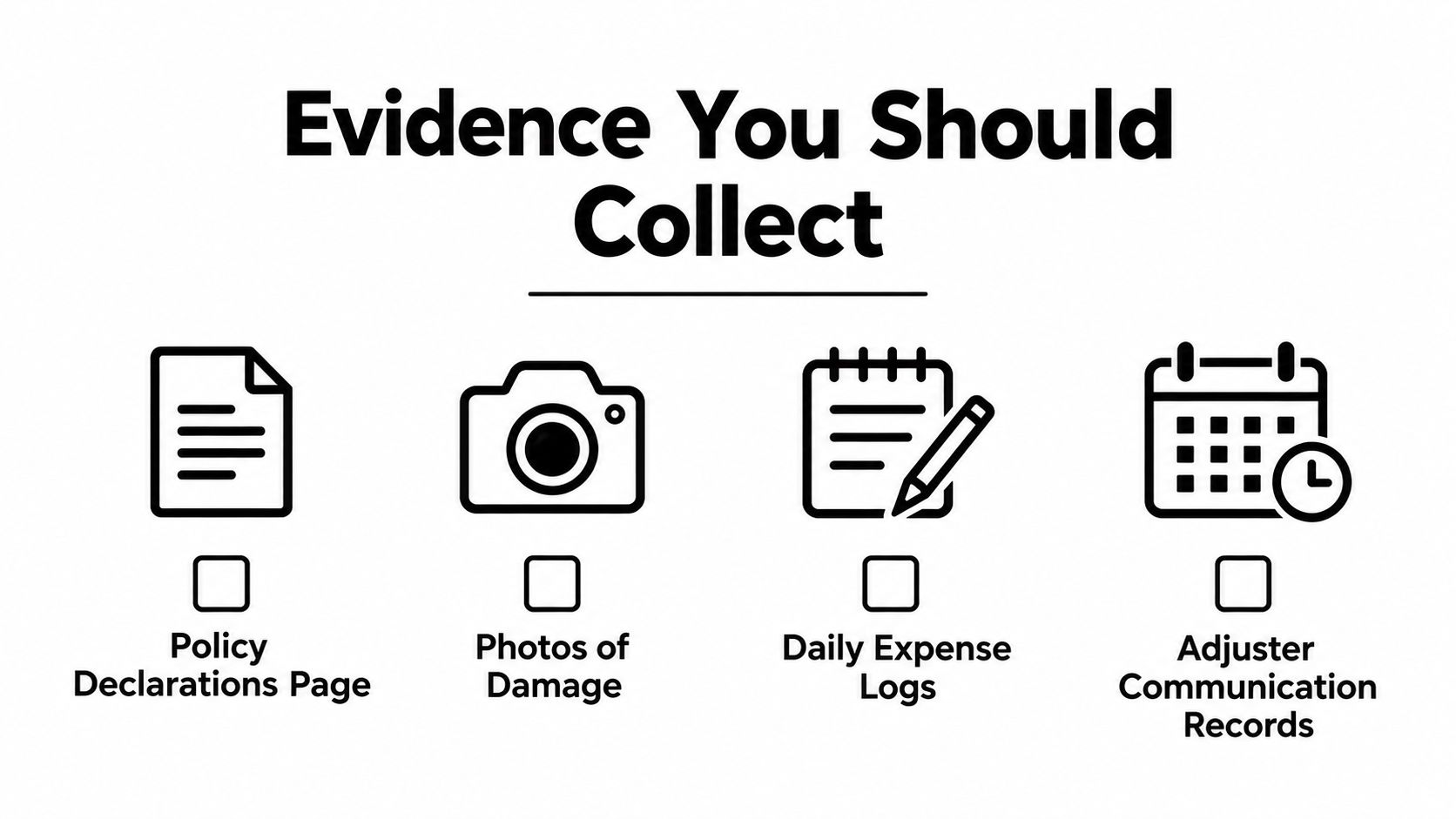An infographic showing four essential documents and items to collect for an insurance claim dispute.