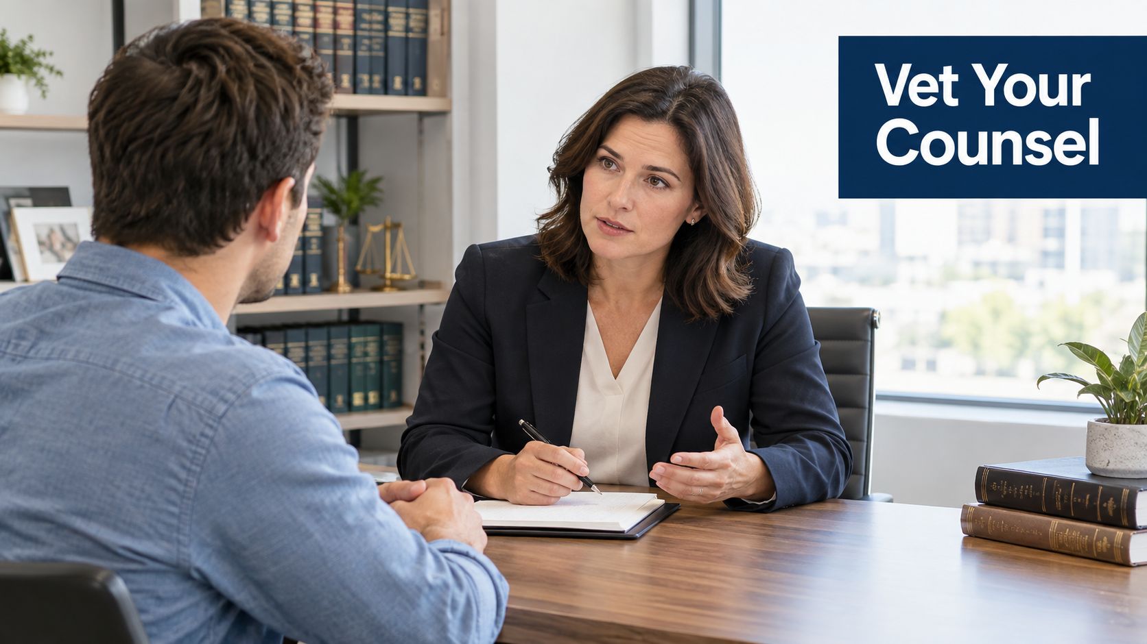 A professional attorney discussing legal matters with a male client in a modern law office.