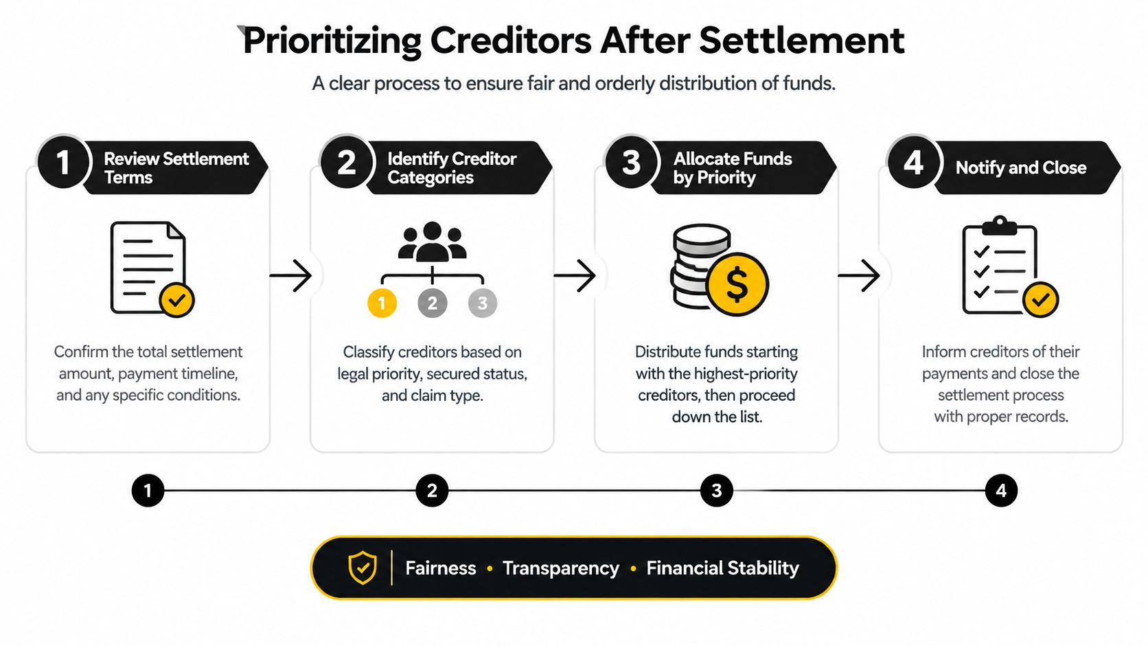 A flowchart showing a four-step process for prioritizing creditor payments after reaching a settlement agreement.