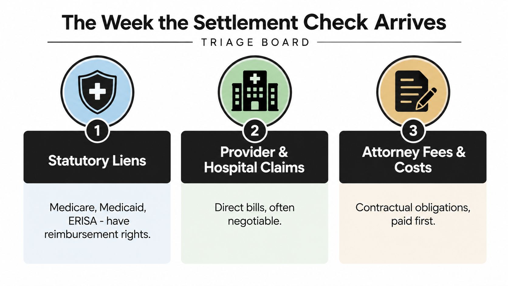 A triage board infographic outlining the three steps taken when a personal injury settlement check arrives.