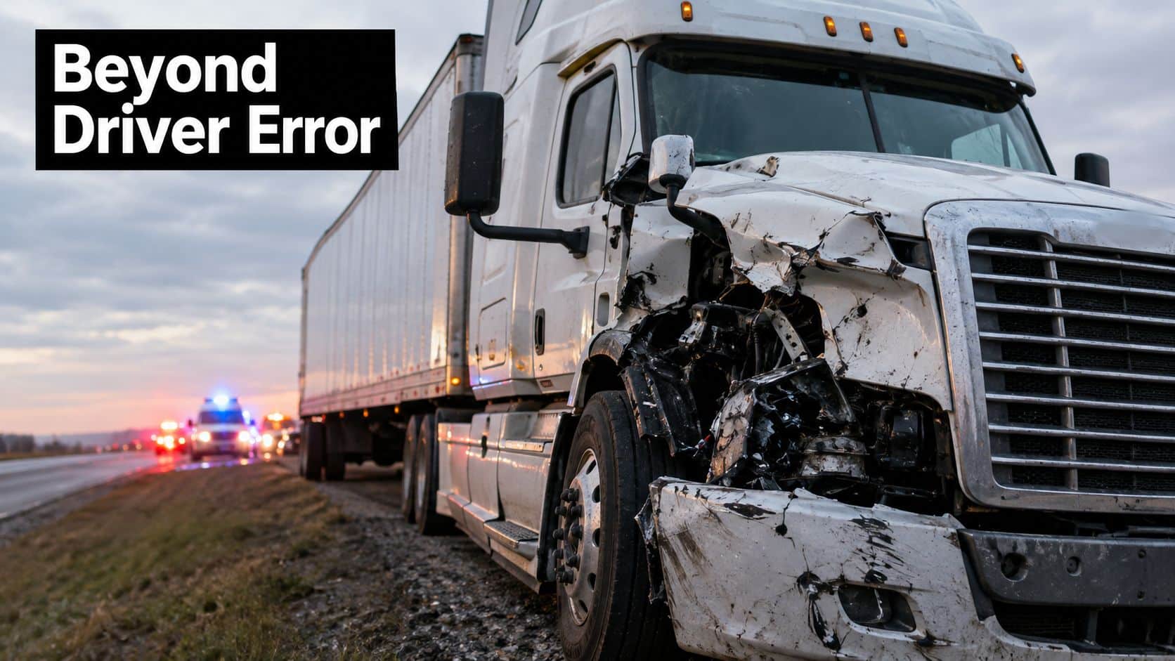 A damaged white semi-truck parked on the shoulder of a highway following an accident.