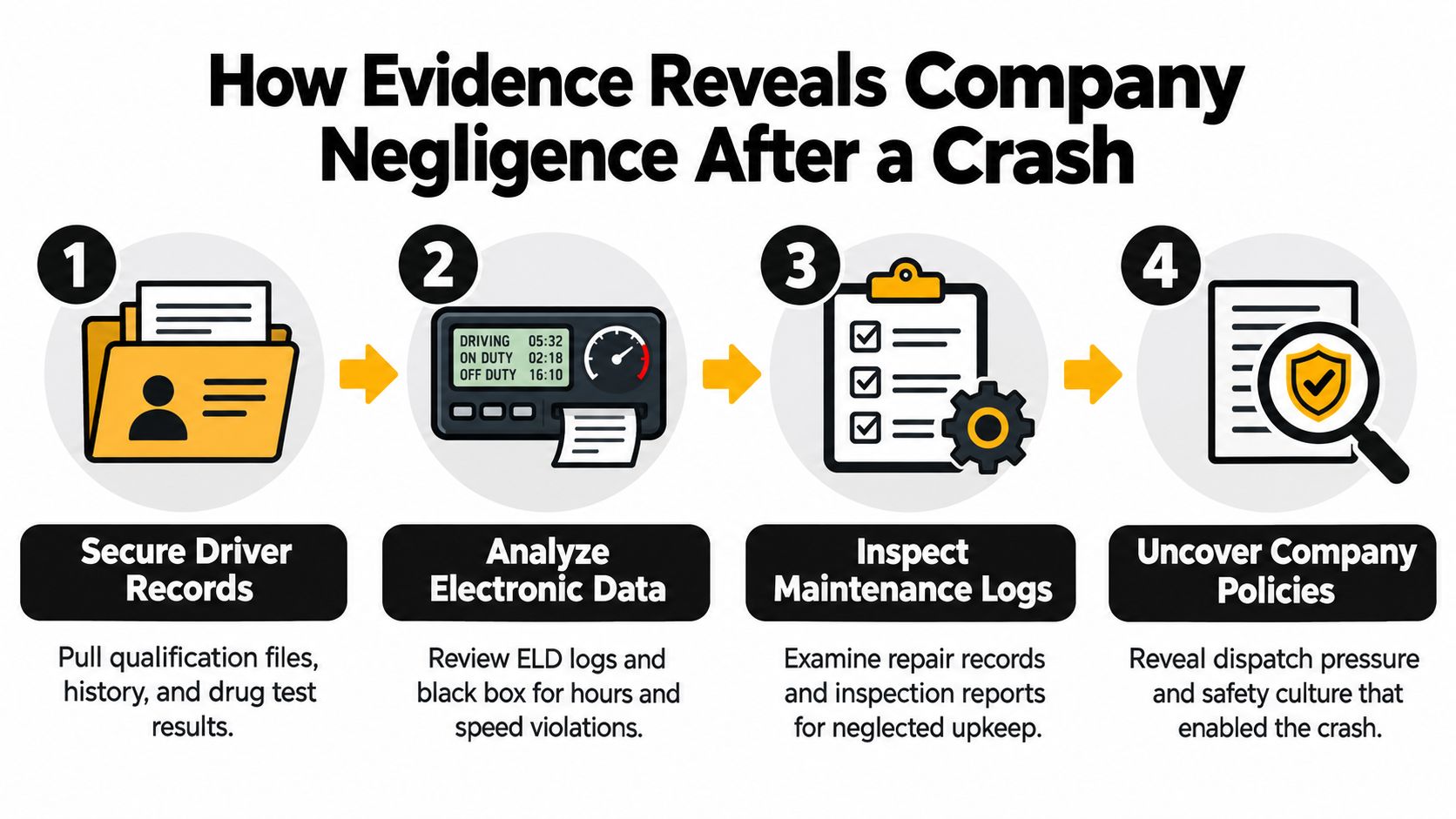 A four-step infographic illustrating how legal evidence helps uncover trucking company negligence after a vehicle crash.