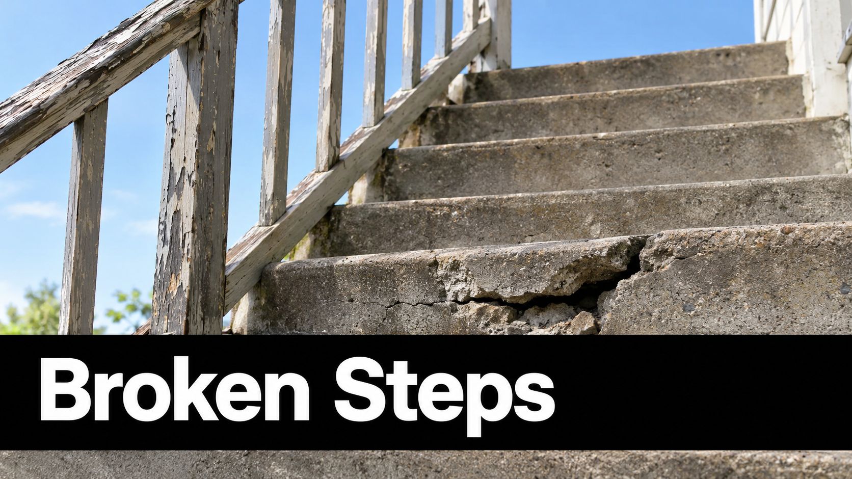 A close up view of dangerous, cracked, and broken concrete outdoor stairs requiring immediate repair.