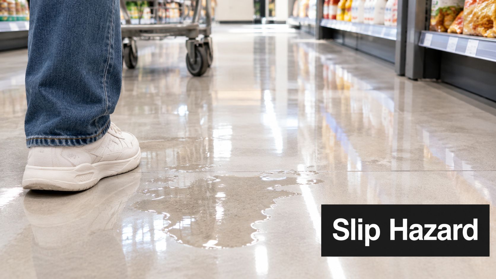 A close-up view of a spilled liquid on a grocery store floor near a customer's shoes.