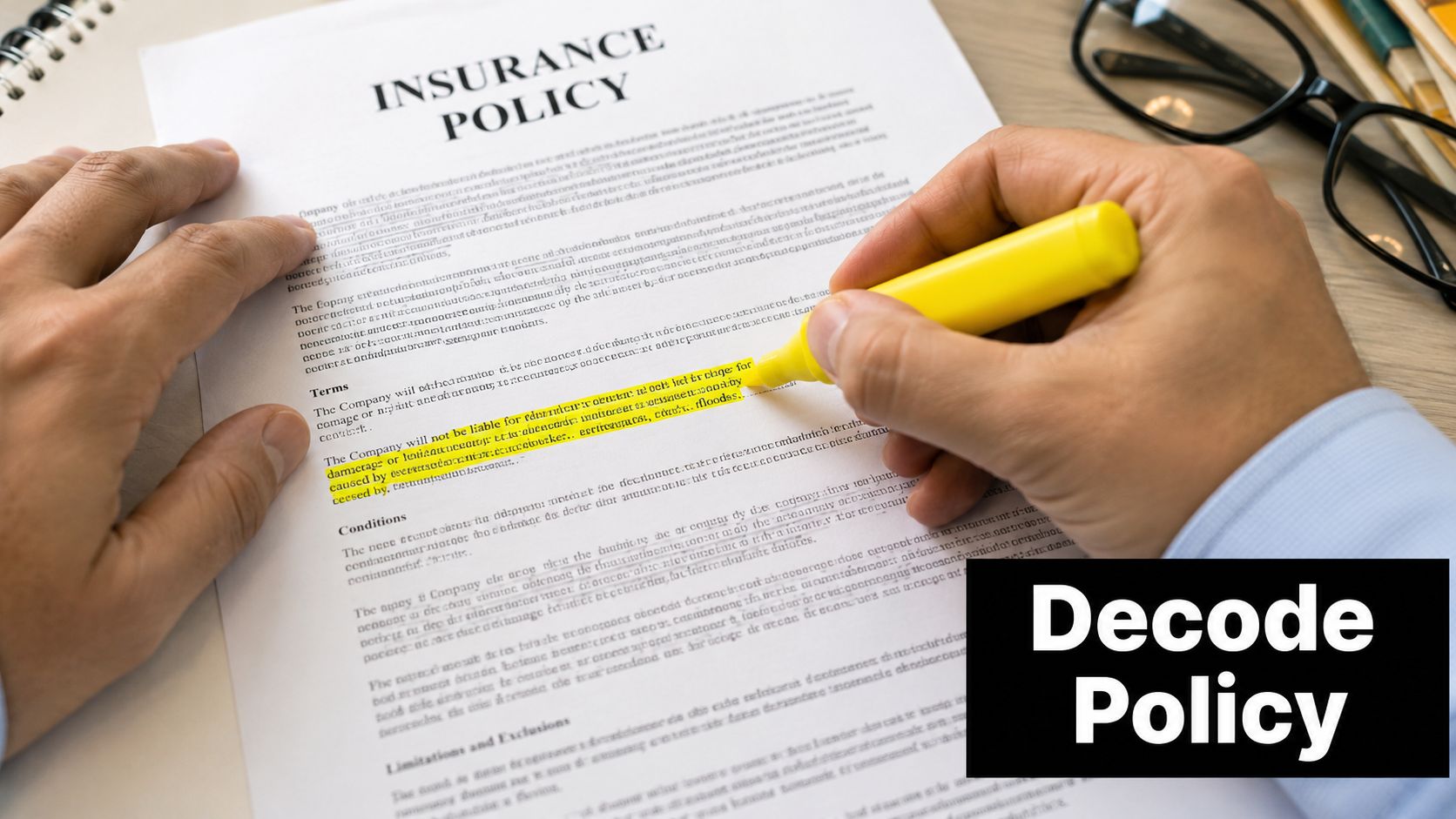 A person highlighting terms on an insurance policy document with a bright yellow marker pen.