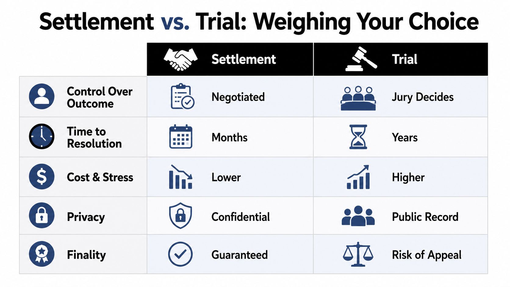 A comparison chart outlining the key differences between legal settlements and trials across five categories.