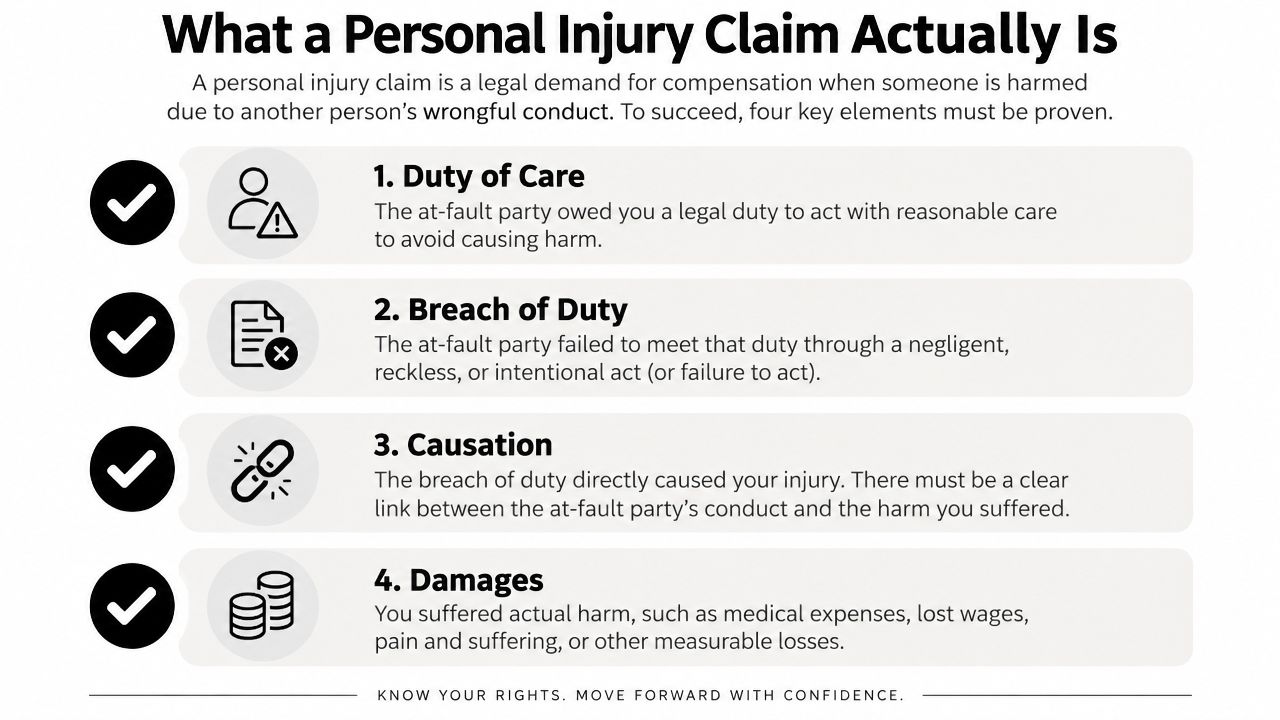 An infographic explaining the four essential elements required to successfully prove a personal injury legal claim.