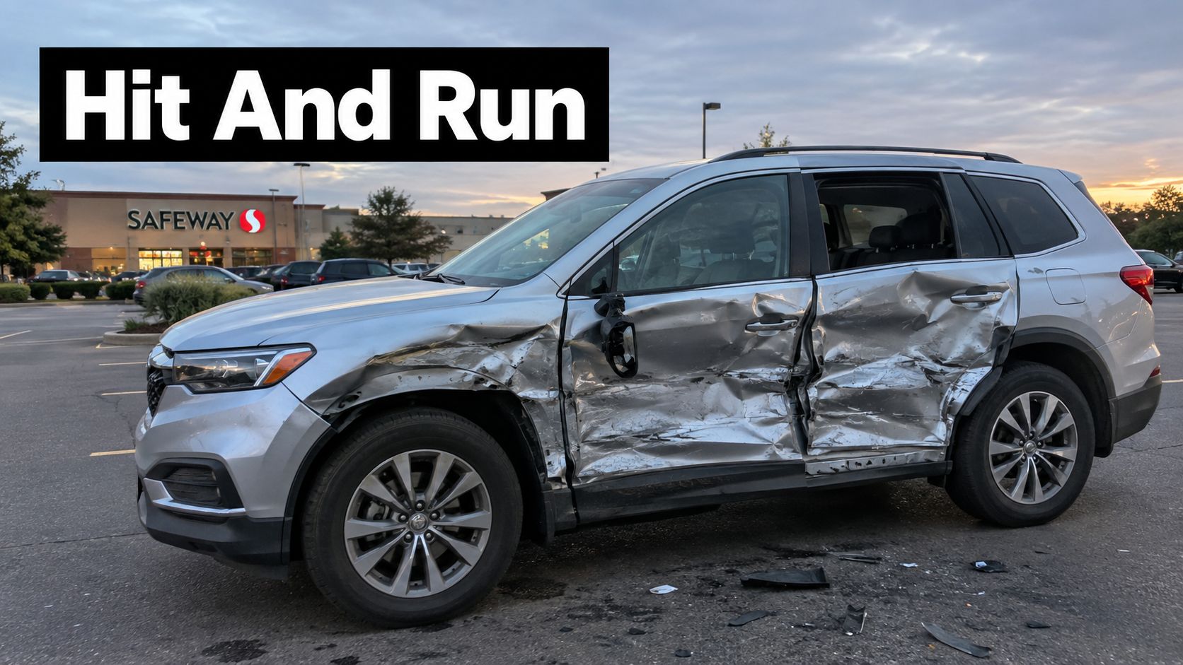 A silver SUV with significant body damage to the passenger side doors and fender in a parking lot.
