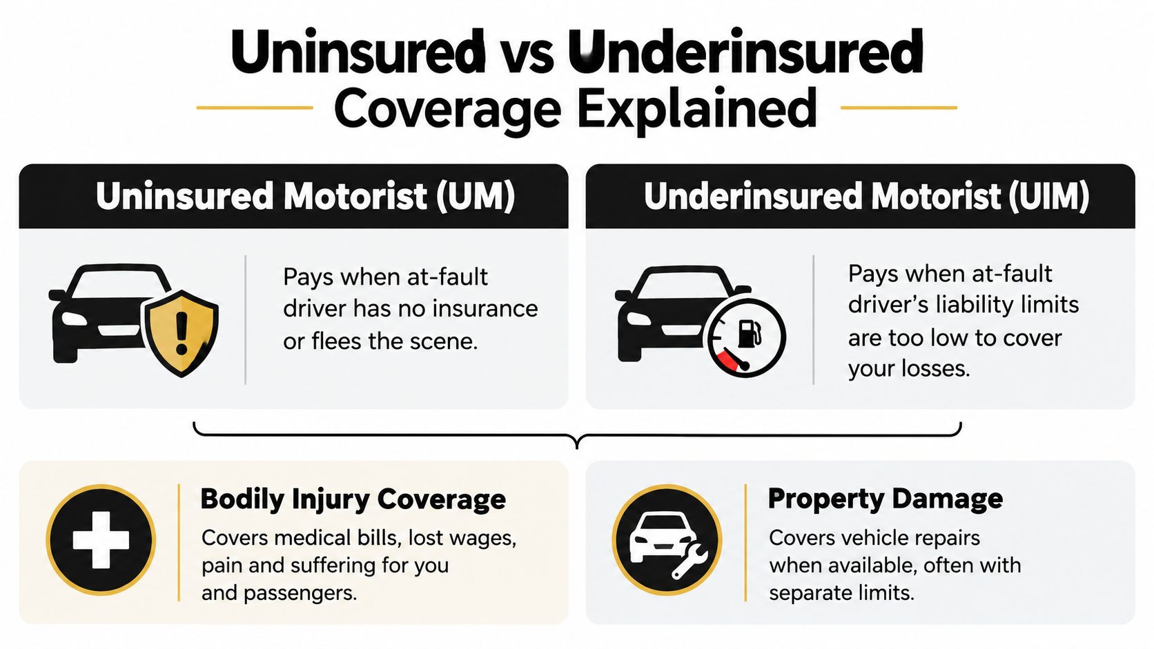 An infographic explaining the differences between uninsured motorist coverage and underinsured motorist coverage for car insurance policies.