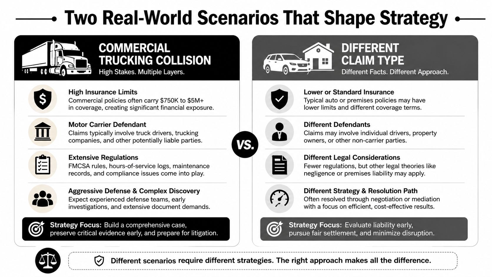 A comparison chart showing different legal strategies for commercial trucking collisions versus standard insurance claim types.