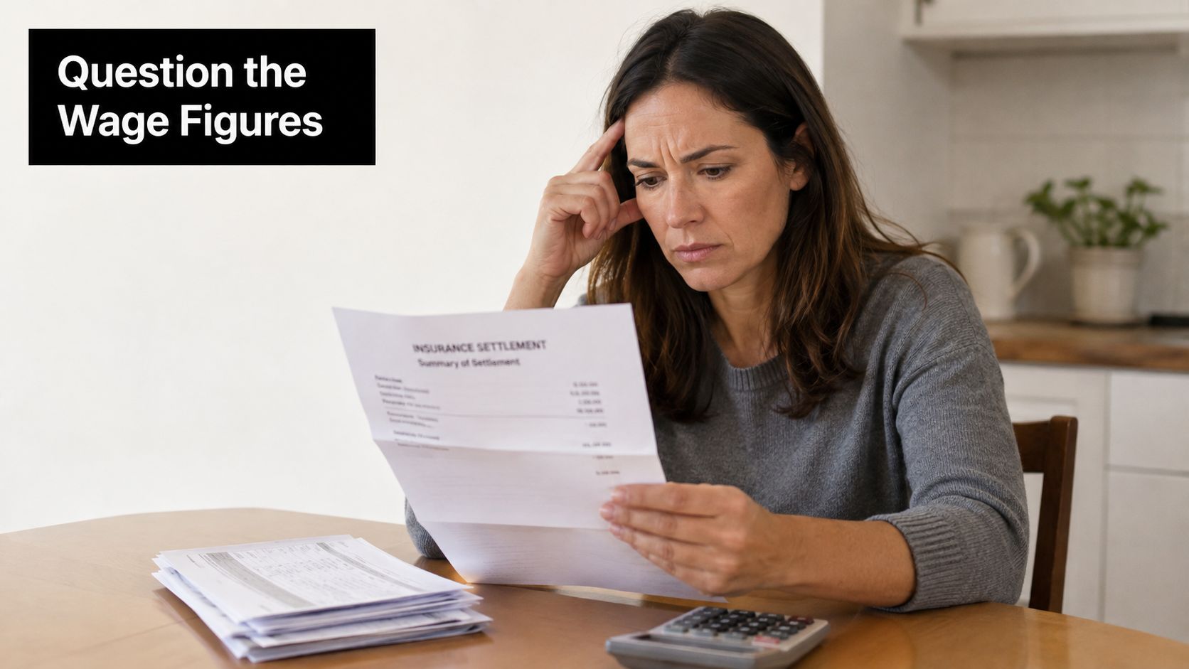 A concerned woman sitting at a table analyzing an insurance settlement document with a calculator nearby.