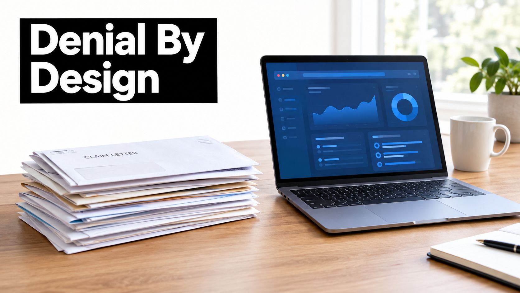 A stack of claim letters sits next to a laptop displaying financial data on a desk.