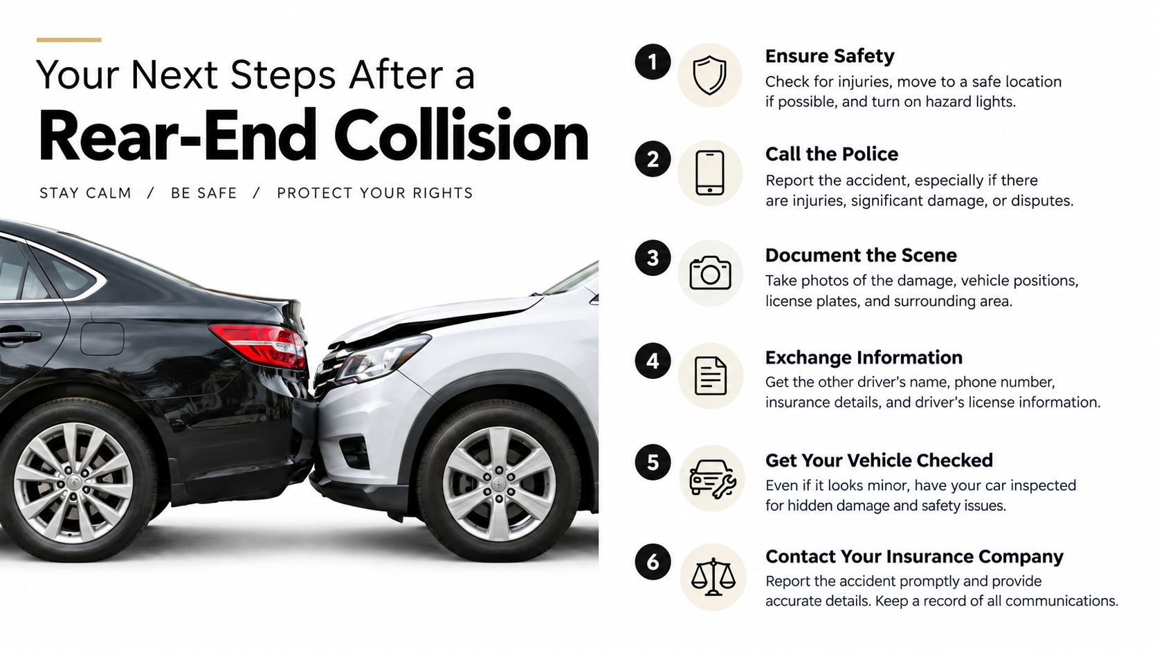 A step-by-step infographic titled Your Next Steps After a Rear-End Collision listing safety and legal procedures.