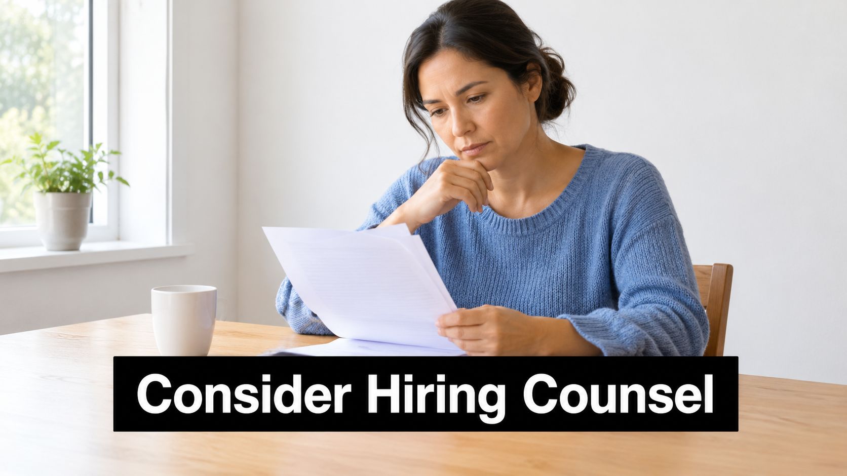A concerned woman sitting at a table reading legal documents while contemplating her next steps