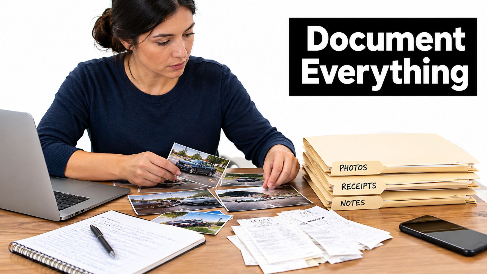 A woman organizing car accident photos and receipts into folders for insurance documentation at her desk.