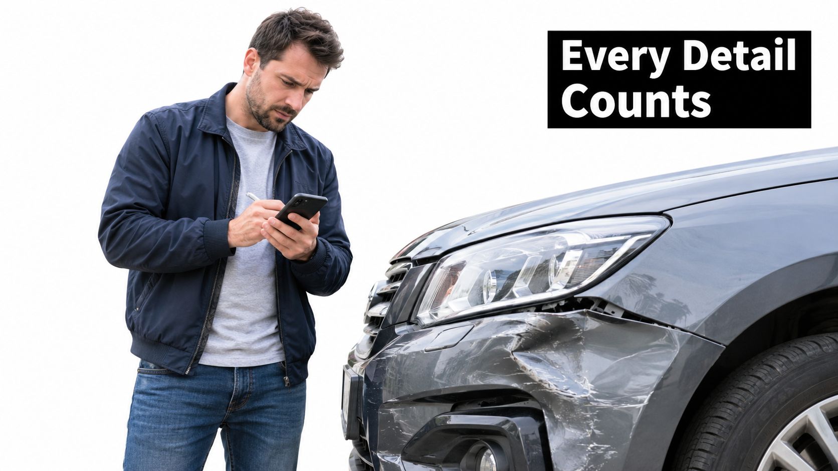 A man in a jacket looks at his phone while documenting damage on a car's bumper.