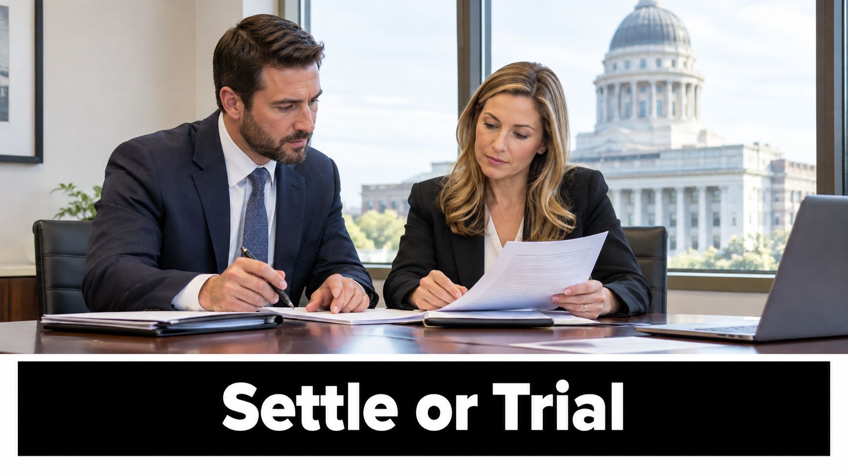 A professional man and woman in business attire reviewing legal documents in an office with a capitol building view.