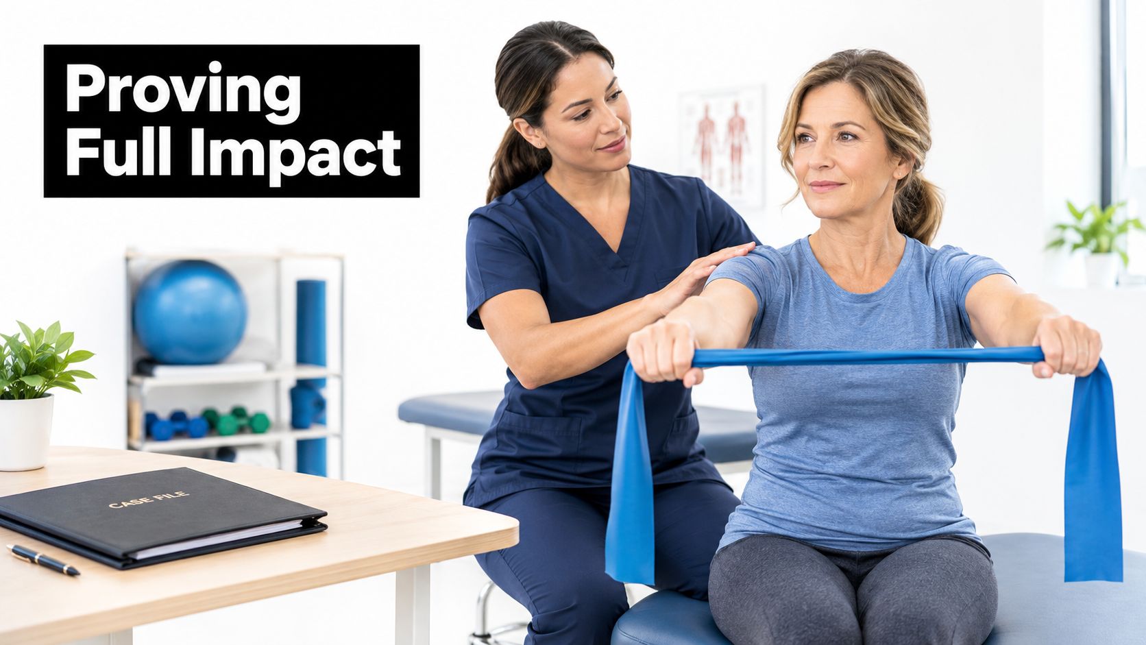 A female physical therapist assisting a patient during a shoulder rehabilitation exercise with a resistance band.