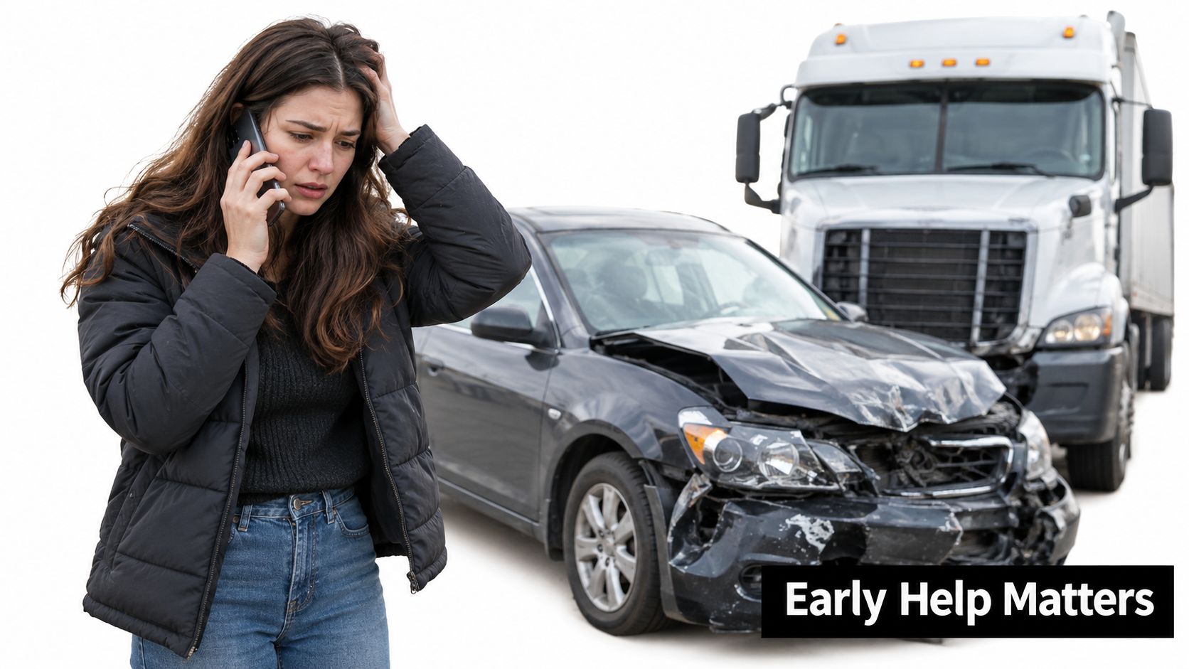 A distressed woman talking on her phone near a heavily damaged black car and a large truck.