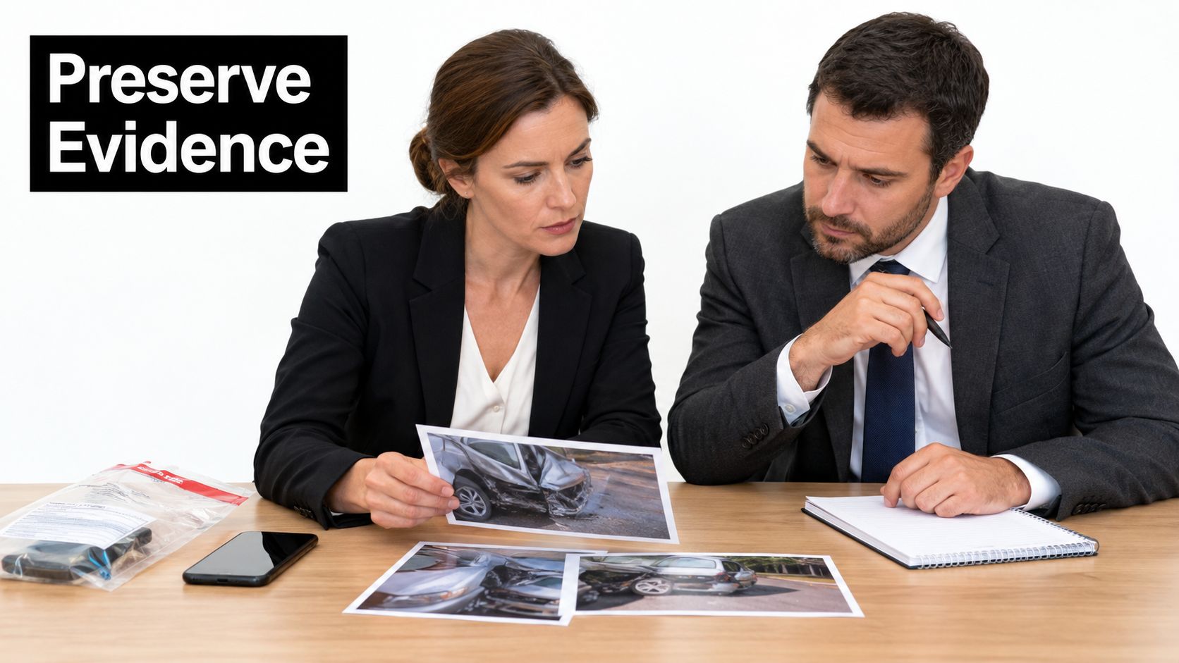 A professional man and woman in business suits reviewing accident scene photographs during a legal consultation.