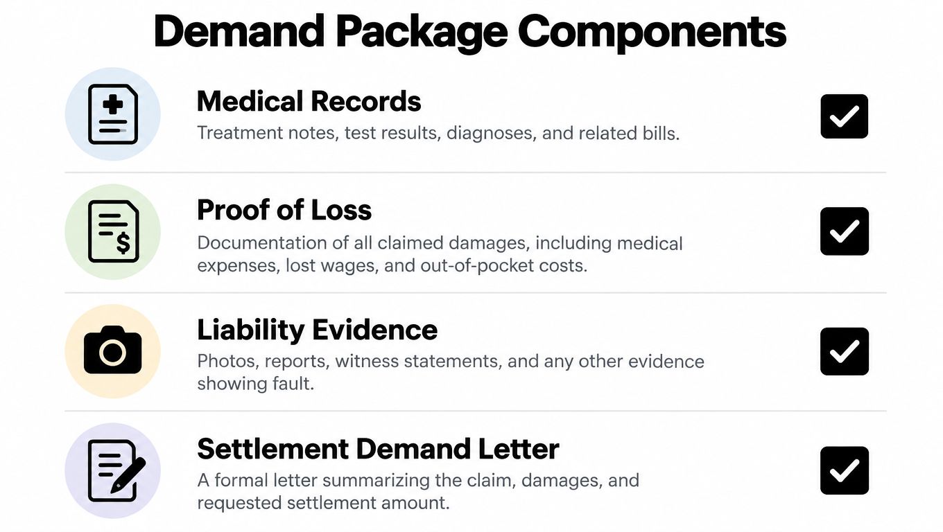 A checklist showing the four essential components of a legal demand package for injury claims.