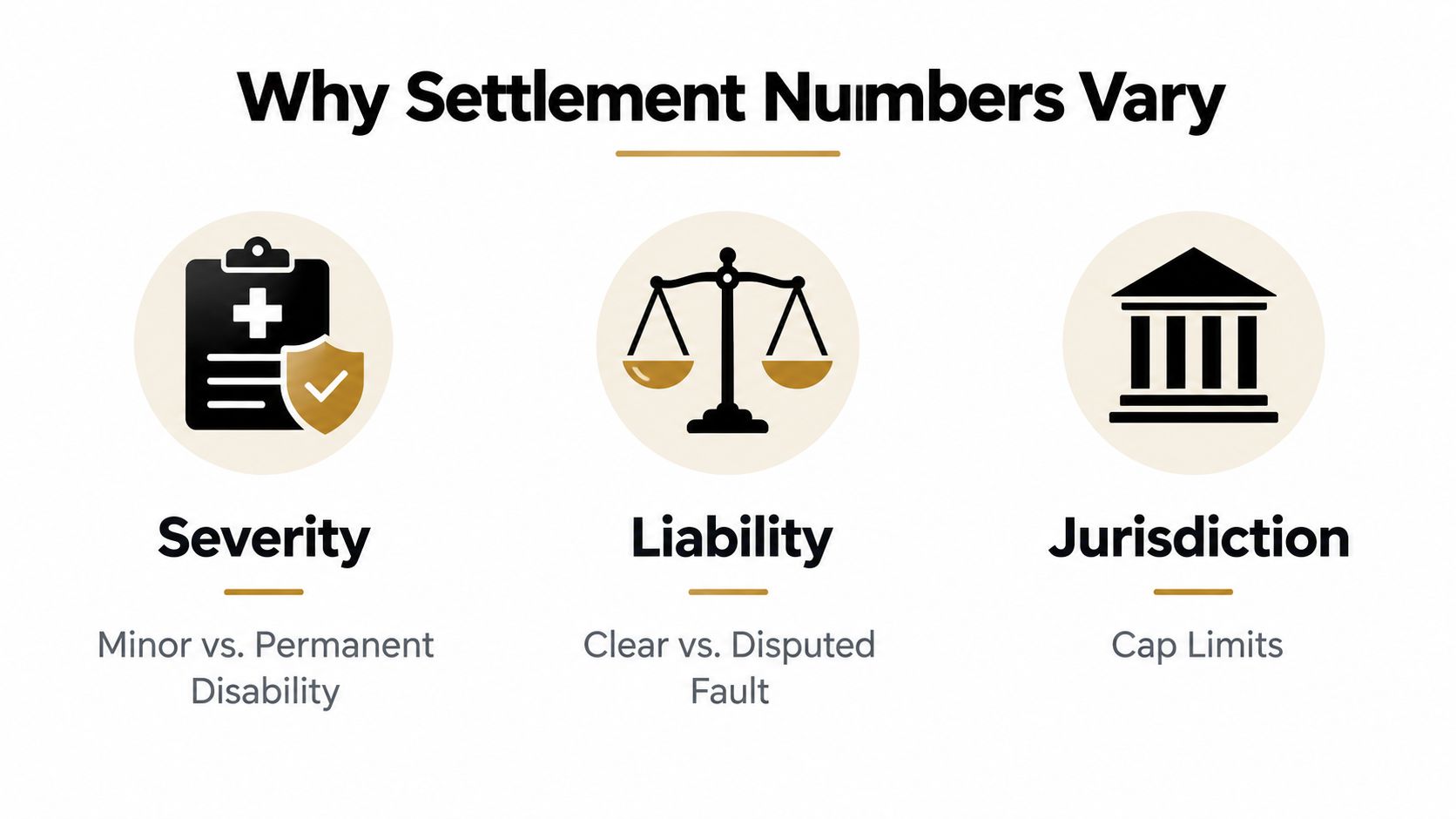 An infographic titled Why Settlement Numbers Vary, highlighting factors like severity, liability, and jurisdiction for settlements.
