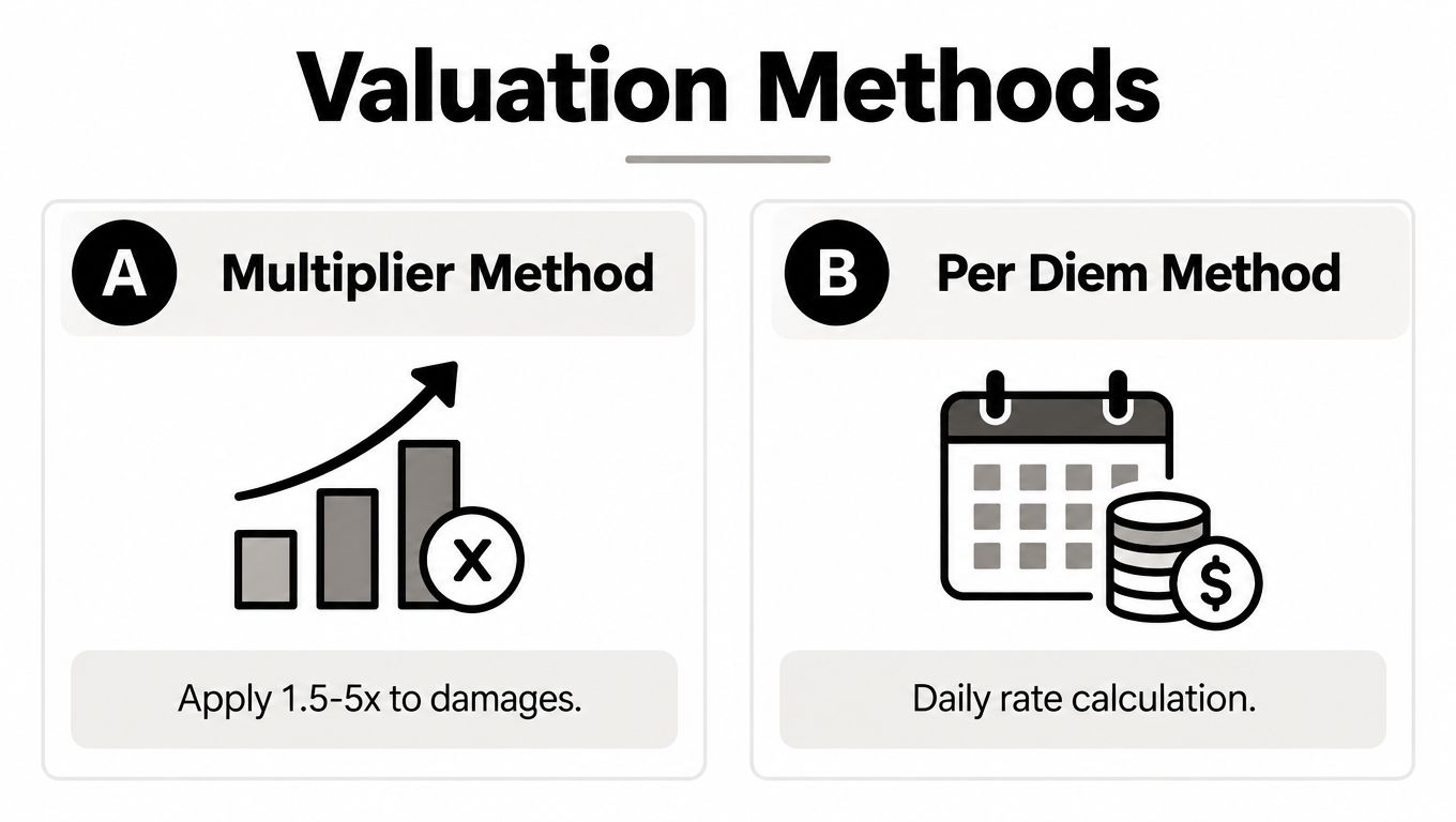 A graphic comparing two common personal injury settlement valuation methods: the Multiplier Method and the Per Diem Method.