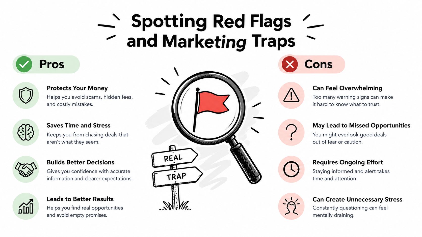 An infographic showing the pros and cons of spotting red flags and marketing traps for consumers.