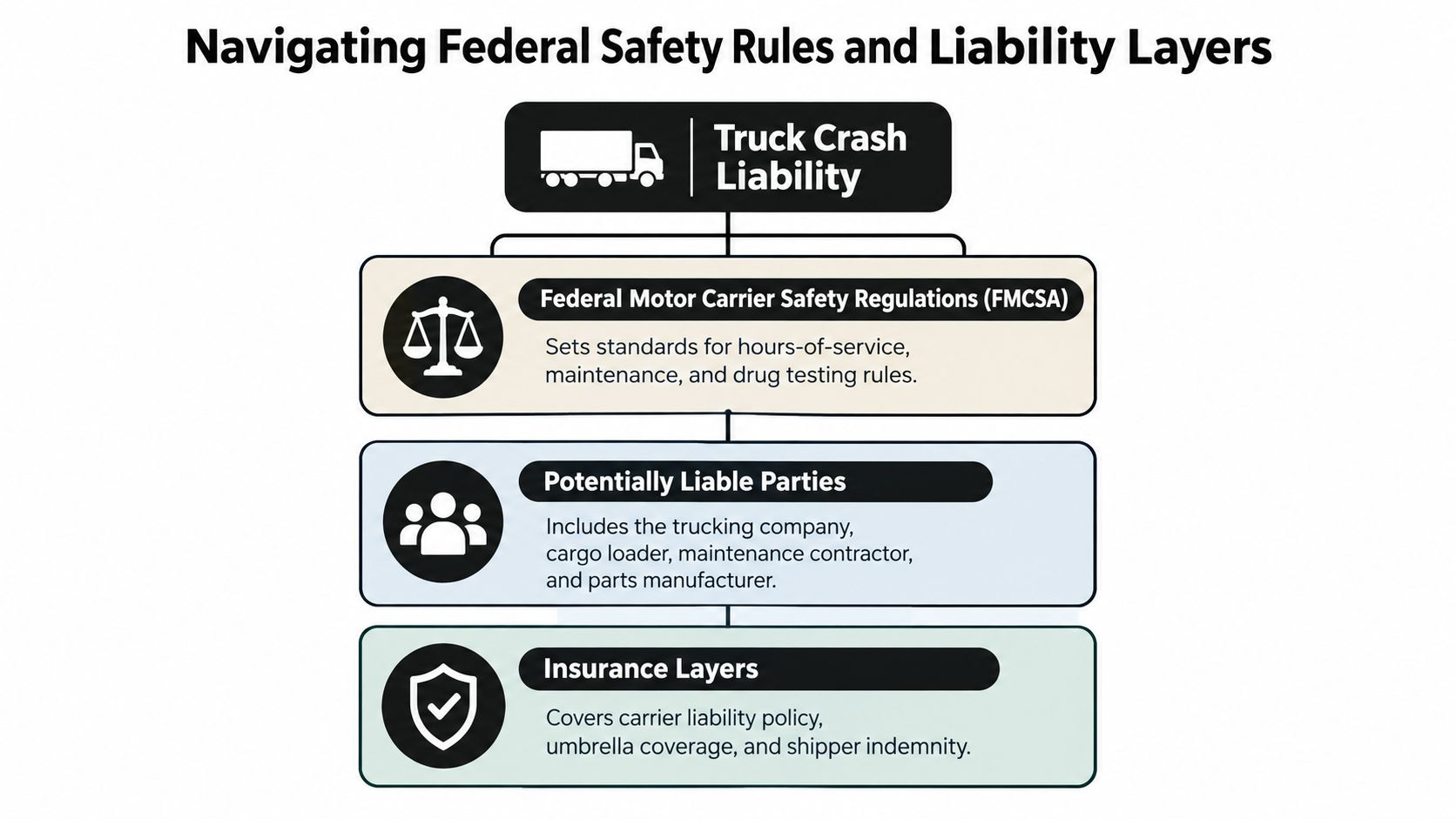A diagram illustrating the layers of liability and federal safety regulations in a truck accident case.