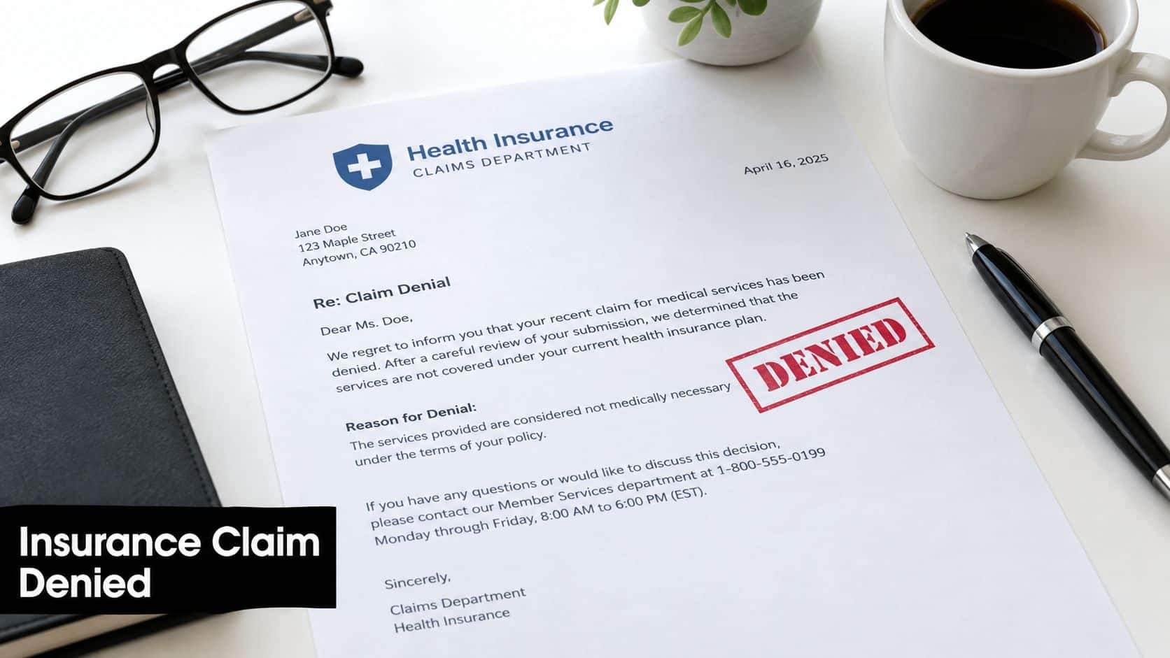 A formal insurance claim denial letter sitting on a desk with glasses, a pen, and coffee.
