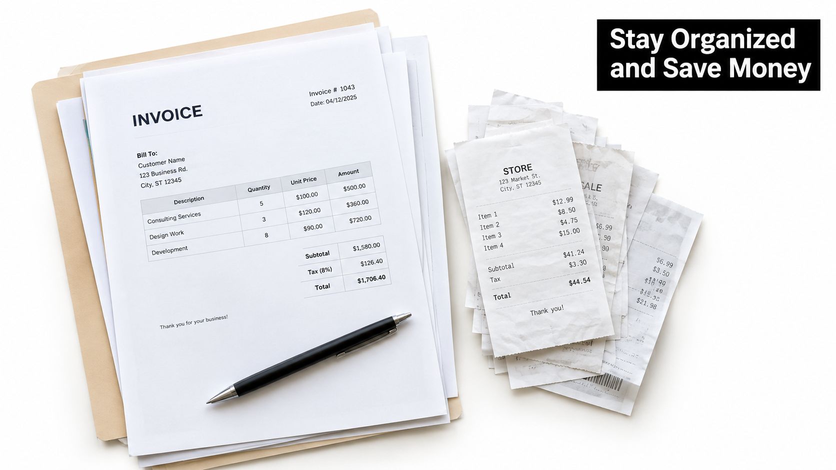 A professional invoice document and a stack of paper store receipts on a table with a pen.