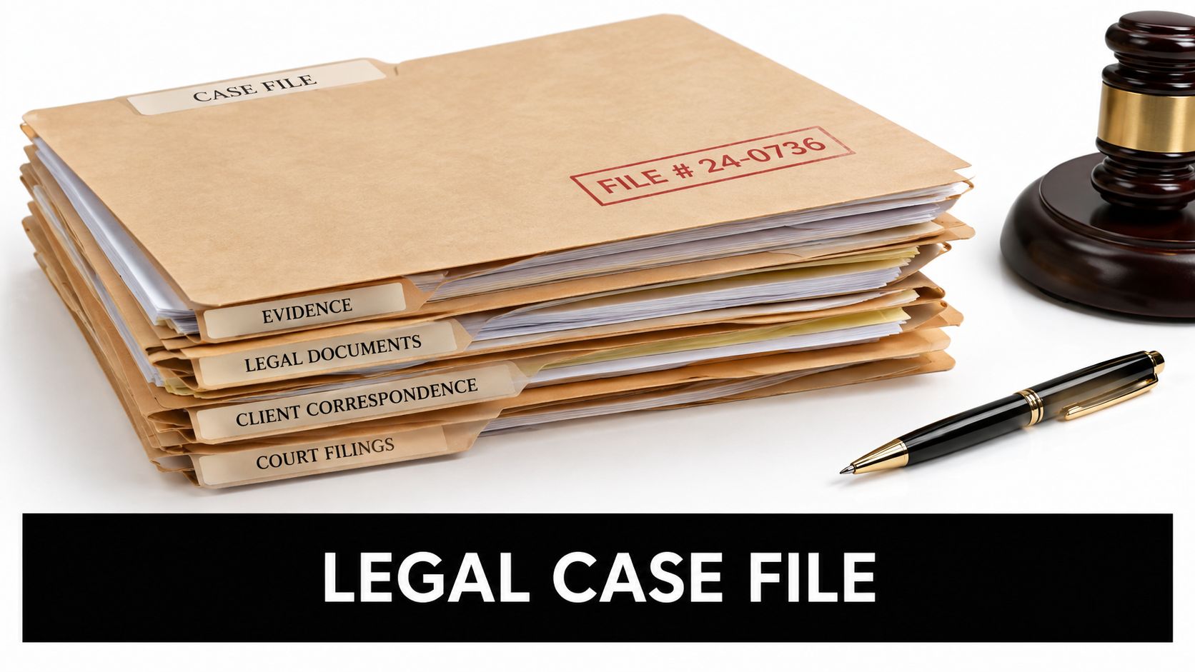 A stack of organized manila legal folders next to a wooden gavel and a professional fountain pen.