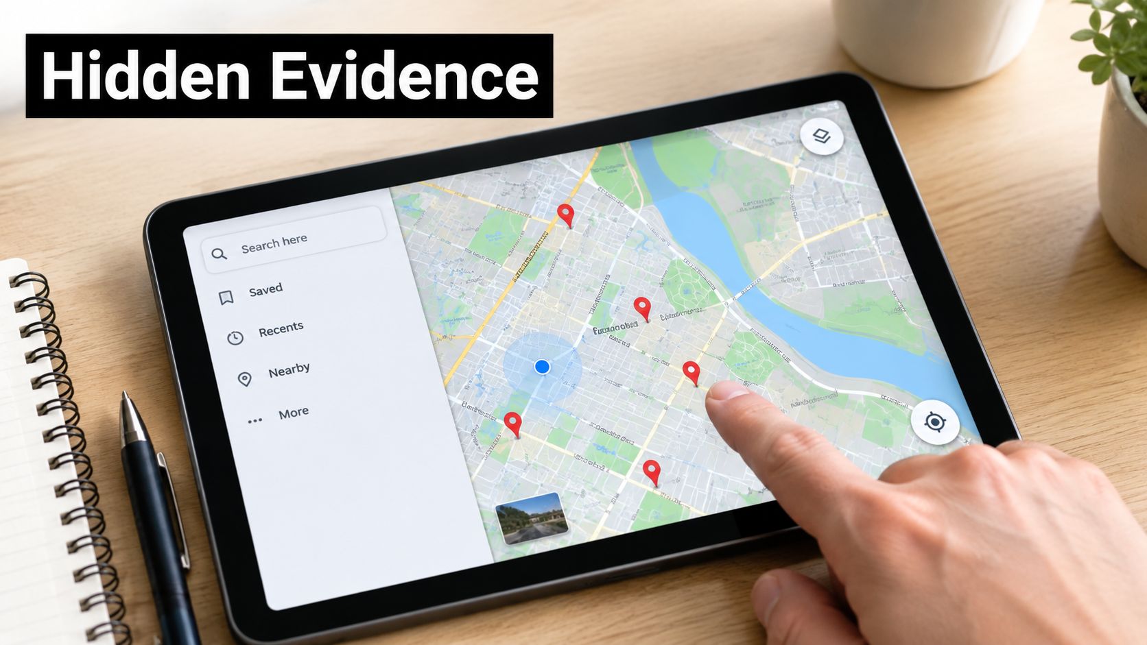 A person uses a tablet to locate accident scenes on a digital map with red pins.