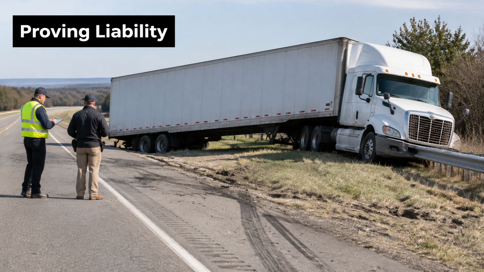 A law enforcement officer and investigator examining a semi-truck involved in a jackknife accident on a highway.