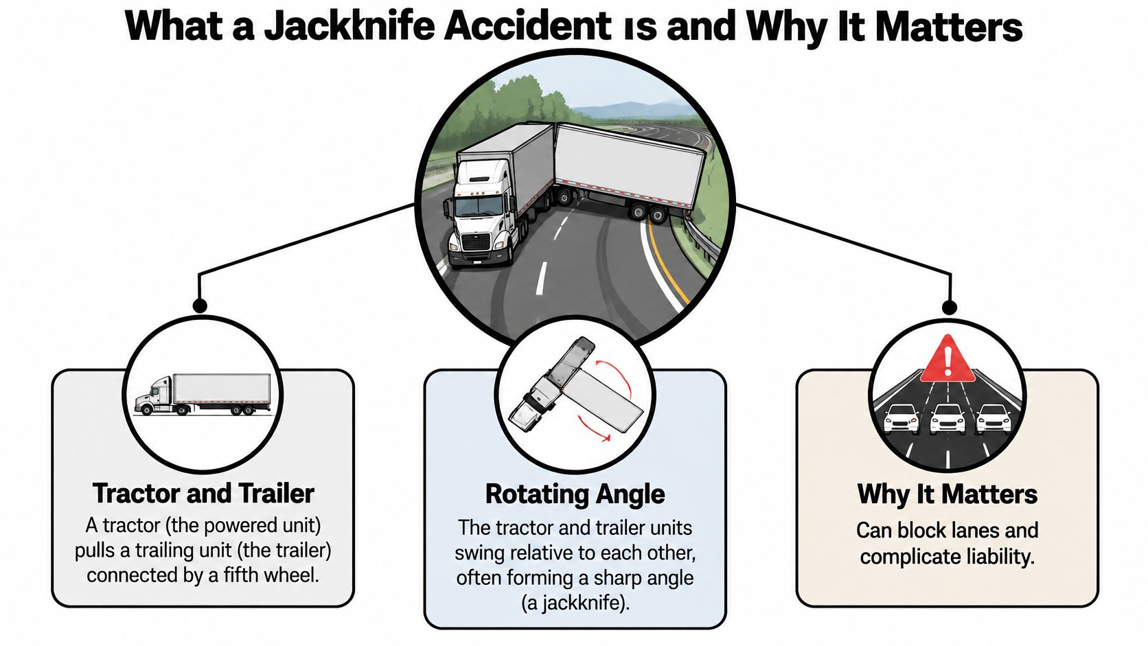 A diagram illustrating a truck jackknife accident, showing a semi-truck folded at an angle on the road.