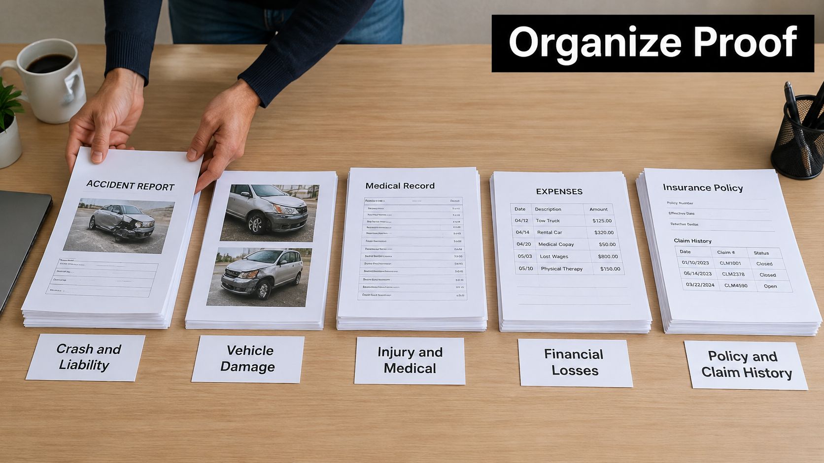 A person sorting insurance documentation into piles labeled by category on a wooden office desk.