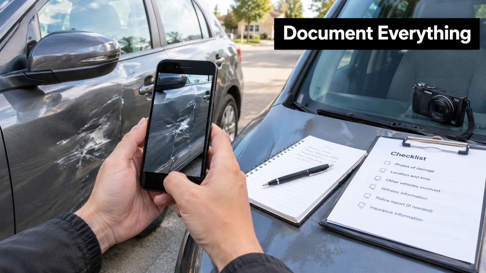 A person documenting car accident damage using a smartphone, notebook, and a checklist on the vehicle hood.
