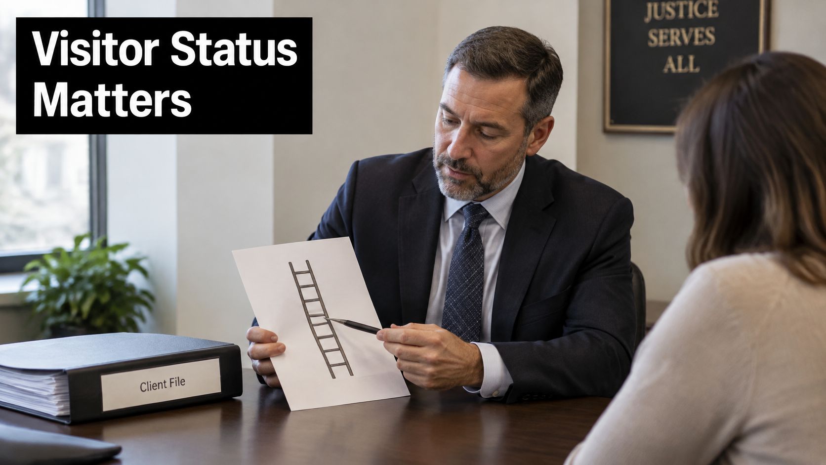A professional attorney explains a legal concept using a ladder diagram to his female client in office.