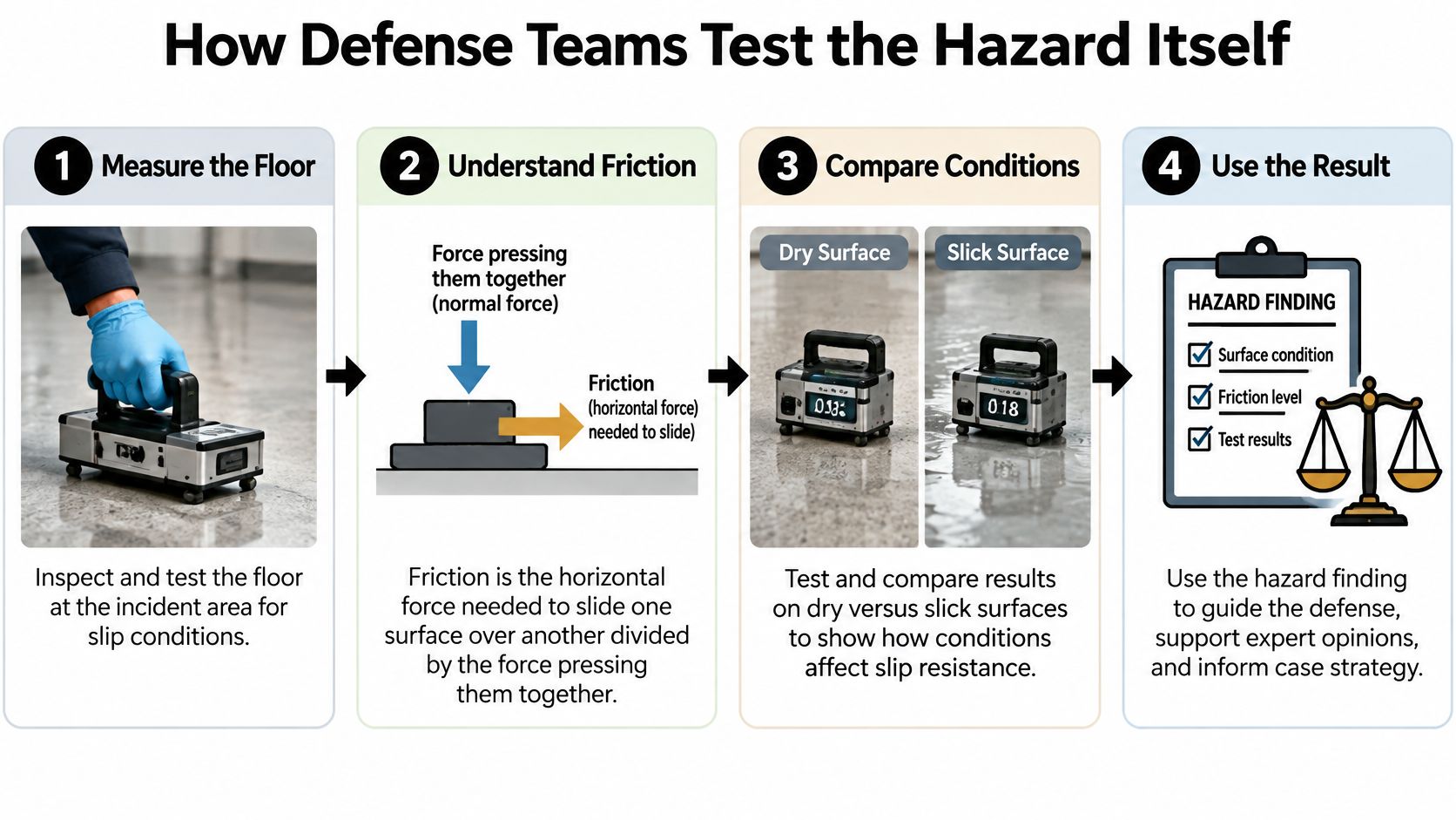 A four-step infographic illustrating how defense teams use friction testing equipment to analyze floor slip hazards.