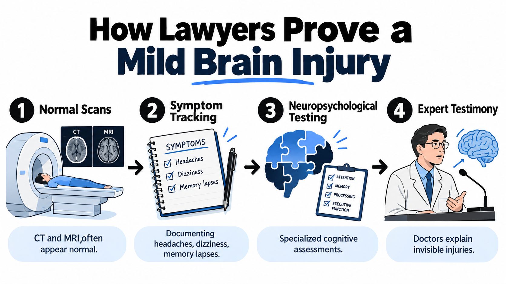 An infographic showing four steps for how lawyers prove a mild traumatic brain injury in legal cases.