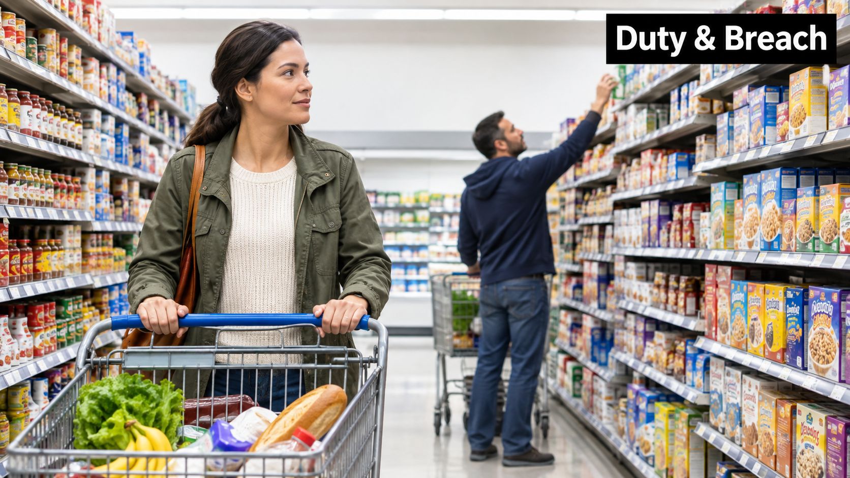 A woman pushing a shopping cart in a grocery store while a man shops nearby.