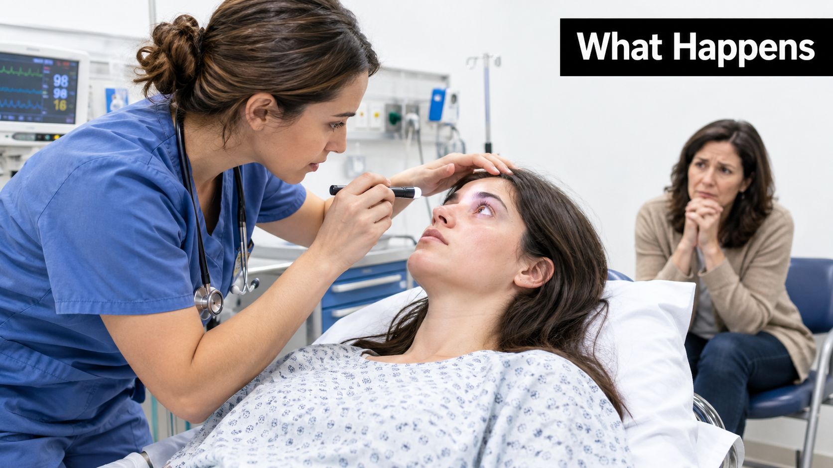 A female doctor uses a penlight to examine a young patient's eyes in a hospital emergency room.