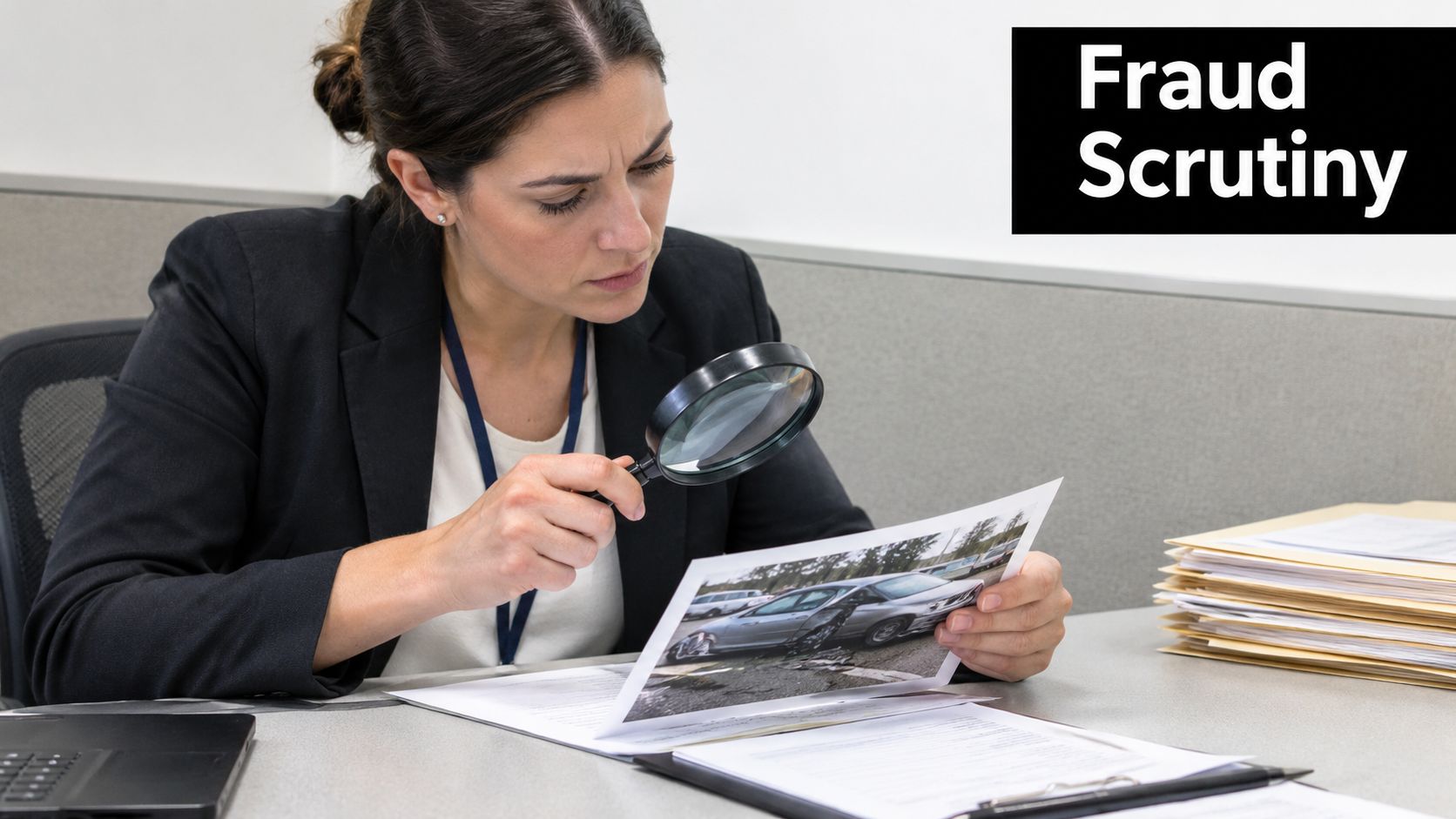 A professional insurance fraud investigator carefully examines photographs of a damaged car using a magnifying glass.