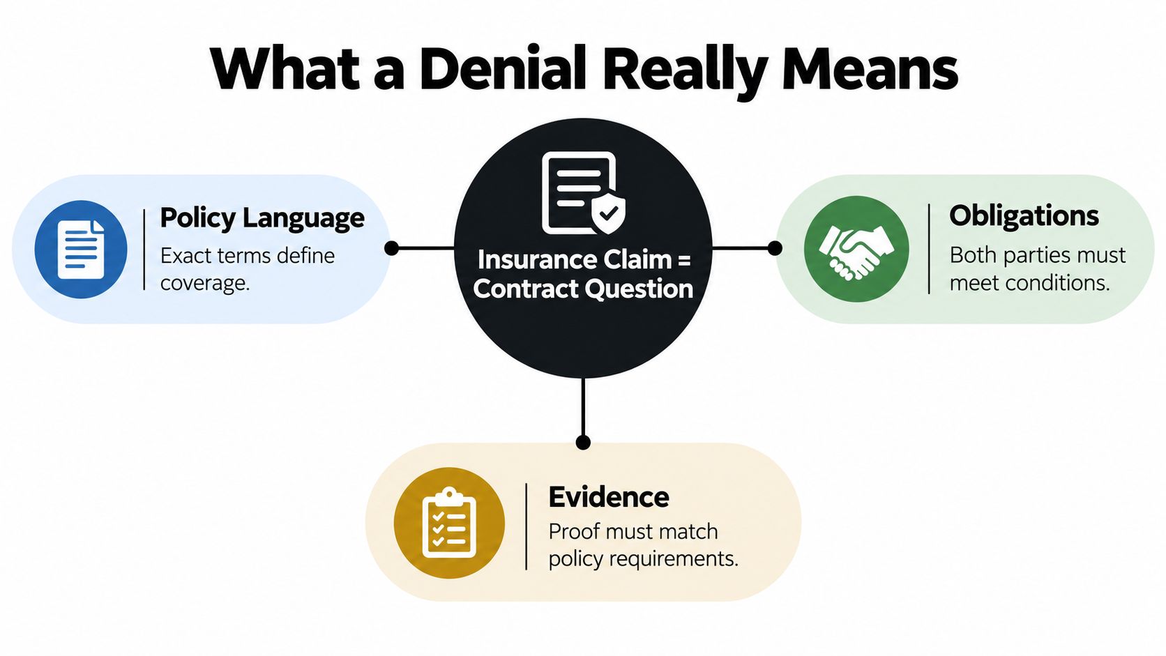 A diagram explaining that an insurance claim denial is a contract question based on policy, obligations, and evidence.