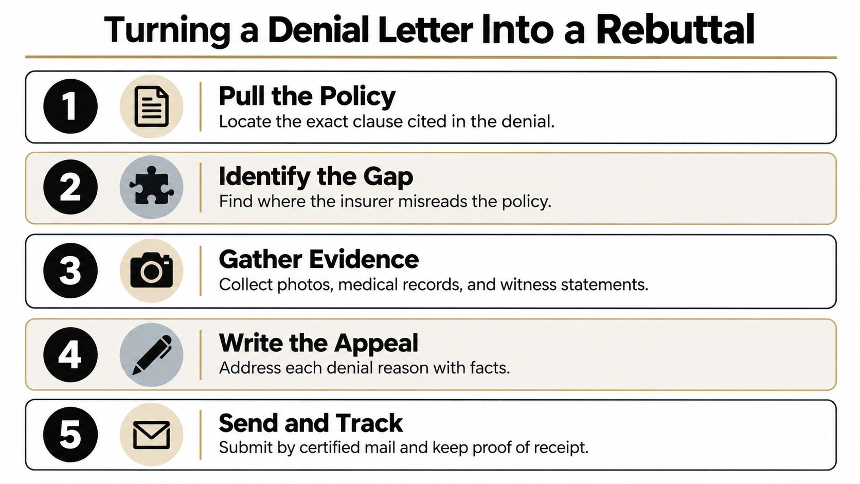 A five-step guide on how to challenge and turn an insurance denial letter into a formal rebuttal.