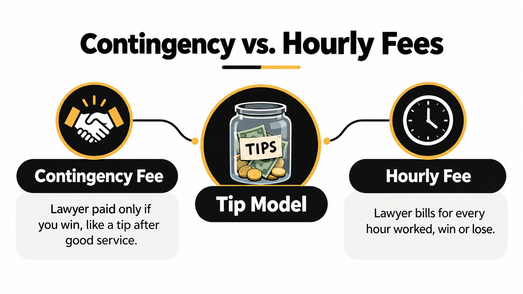 An infographic comparing contingency fees versus hourly fees for legal services using icons for easy understanding.