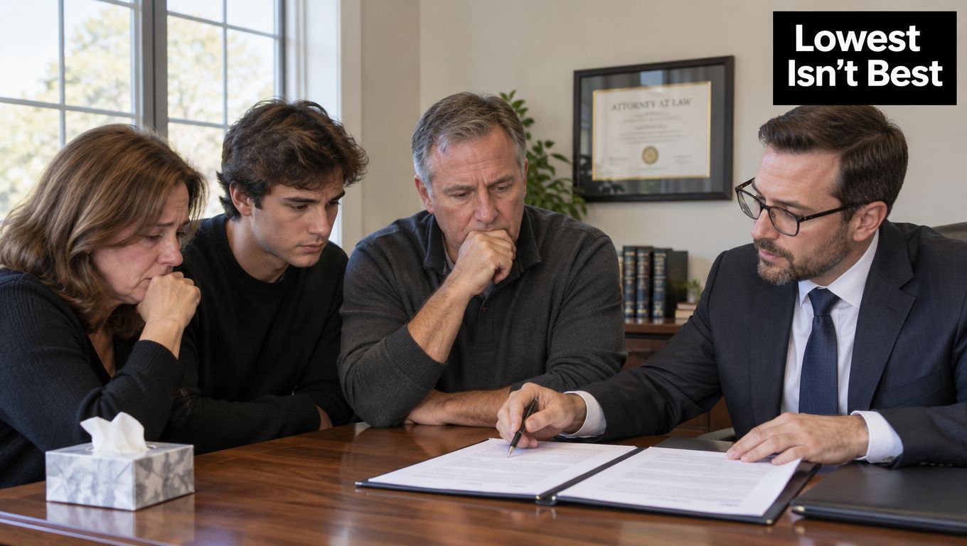 A grieving family consults with a professional wrongful death attorney regarding legal documents at an office desk.