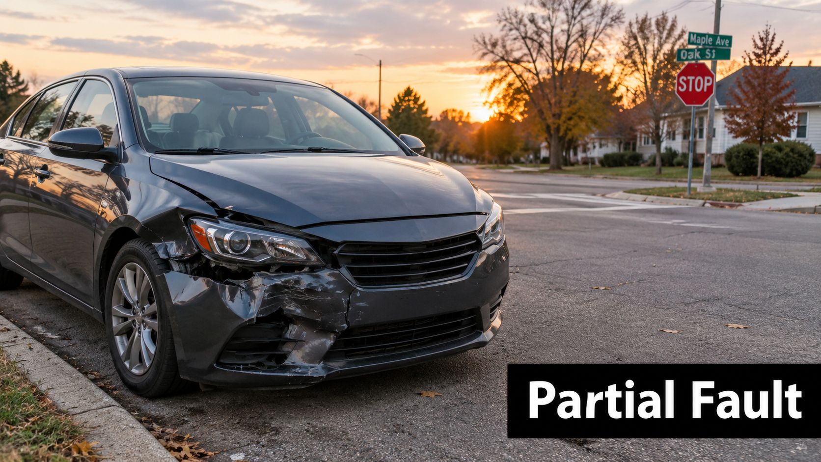 A damaged grey sedan with front bumper impact parked on a residential street near a stop sign.