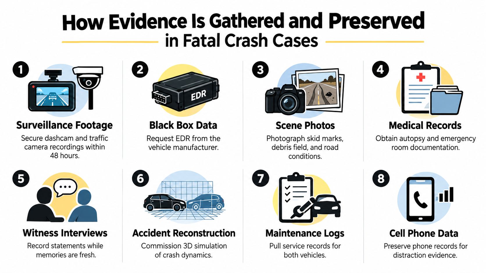 An infographic detailing eight essential types of evidence collected and preserved during fatal car crash investigations.